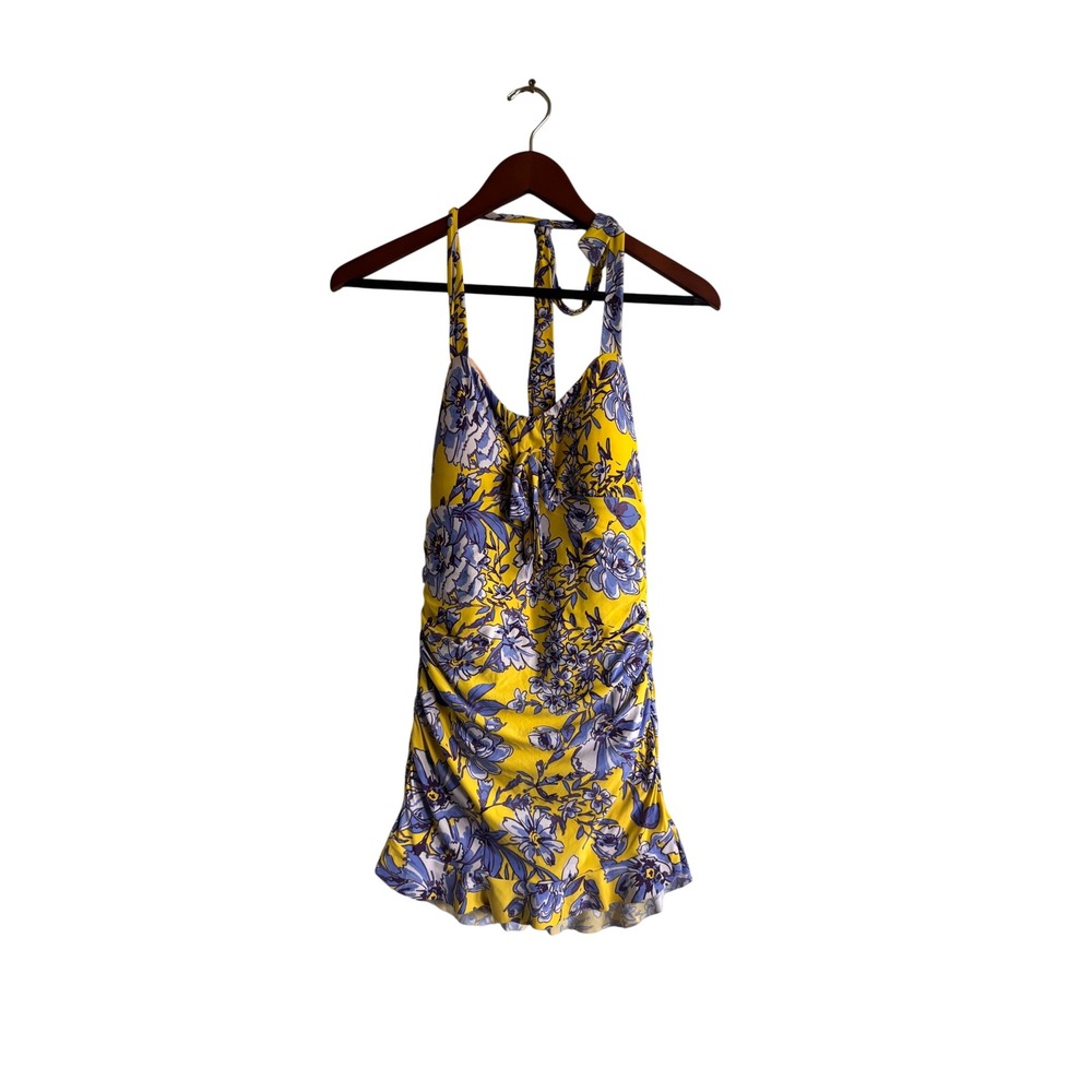 Sea Angel Yellow Floral Ruched Halter Swim Dress One Piece Swimsuit Size L